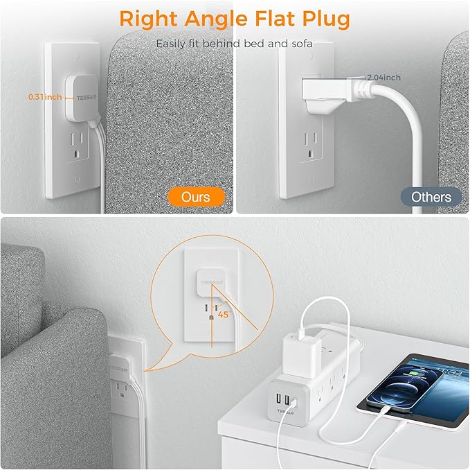 TESSAN Surge Protector Power Strip with USB, Ultra Thin Flat Plug 6 FT Extension Cord with 9 Outlets 3 USB(1 USB C), 1050 J Surge Protector Charging Station for Indoor,Office, Dorm Room Essentials