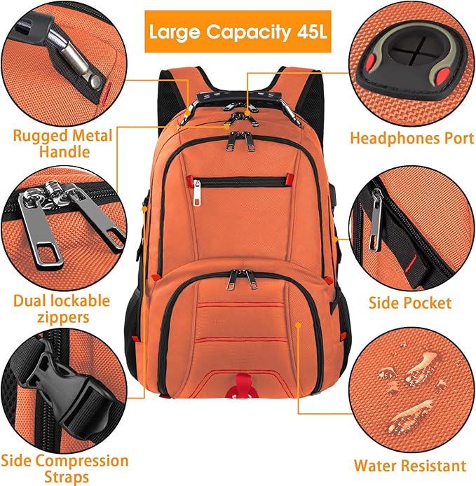Extra Large 50L Travel Laptop Backpack, Computer bag Backbag with USB Charging Port, TSA Friendly Durable Big RFID Heavy Duty Business Tech Backpack Fits 17 Inch Laptops for Men Women, Orange