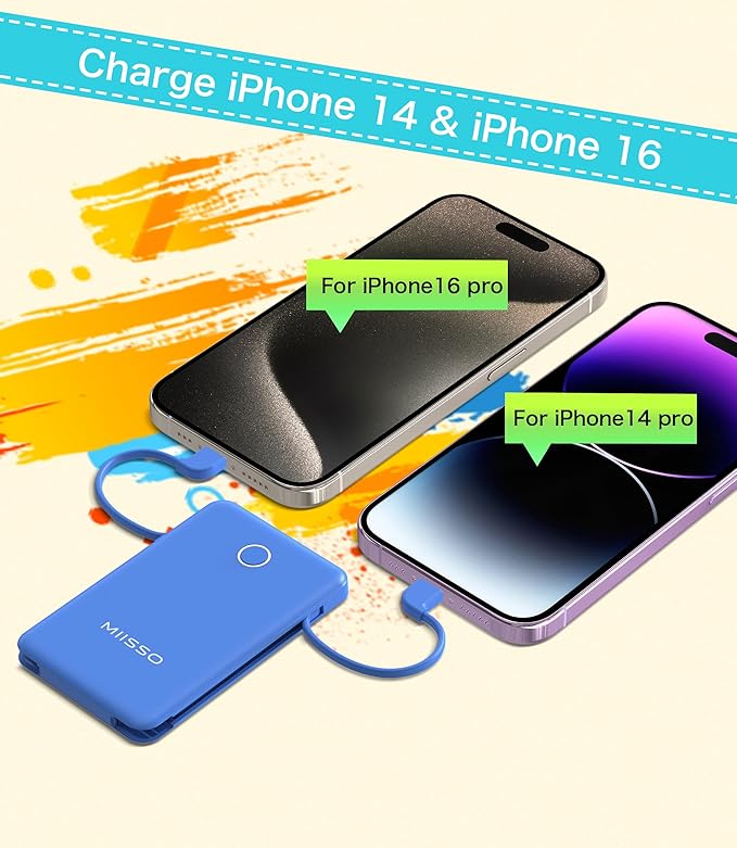 6000mah Ultra Slim Built in Cables Power Bank, Card Size Built in USB C Cords Battery Pack Portable Charger for Phones, 3 Output External Battery Pack Compatible with iPhone, Samsung, Deep Blue