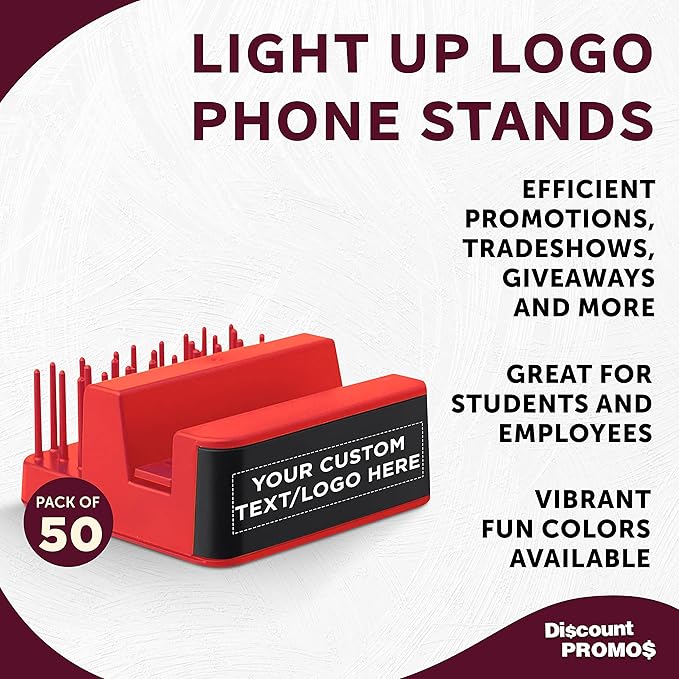 DISCOUNT PROMOS Custom Light Up Logo Phone Stands Set of 50, Personalized Bulk Pack - Essential Smartphone Accessory, Perfect for Office and Home - Red