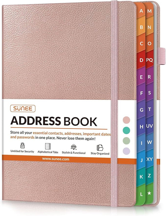 SUNEE Address Book with Colorful Alphabetical Tabs, Address Notebook Organizer for Record Contacts, 5.3'' x 7.7''- Rose Gold