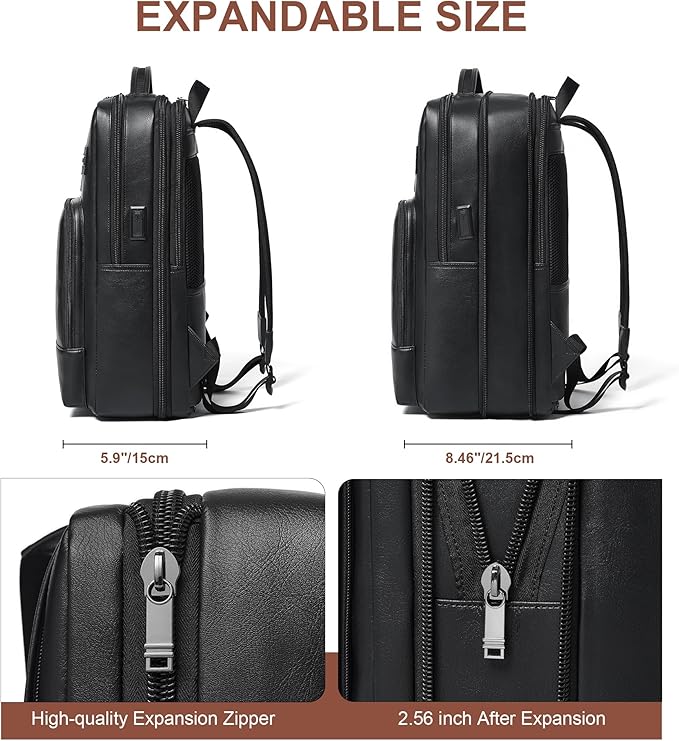 Shrrie Leather Laptop Backpack for Women and Men,28 L Travel Backpack Computer Bag Fits 16 inch Laptop,Expandable Casual Daypack with USB Charging Port for Work Business Weekender College,Black