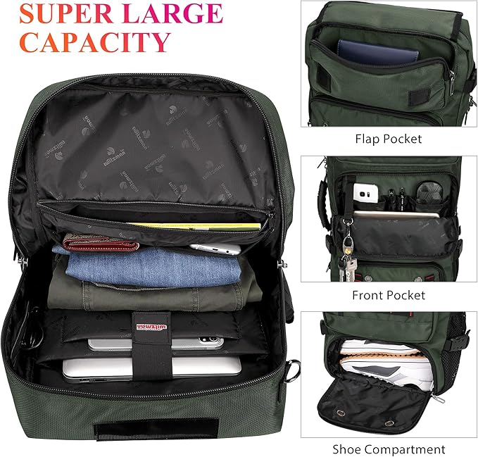 WITZMAN Carry on Travel Backpack for Men Women Airline Approved Convertible Nylon Duffle Backpack Luggage Bag (B682 Army Green)