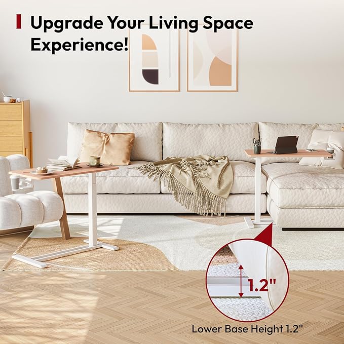 SANODESK Medical Adjustable Overbed Bedside Table with Hidden Casters, Pneumatic Mobile Laptop Computer Standing Desk Cart with Tray, Hospital and Home Use(31.5" W x 17.7" D, Pink)