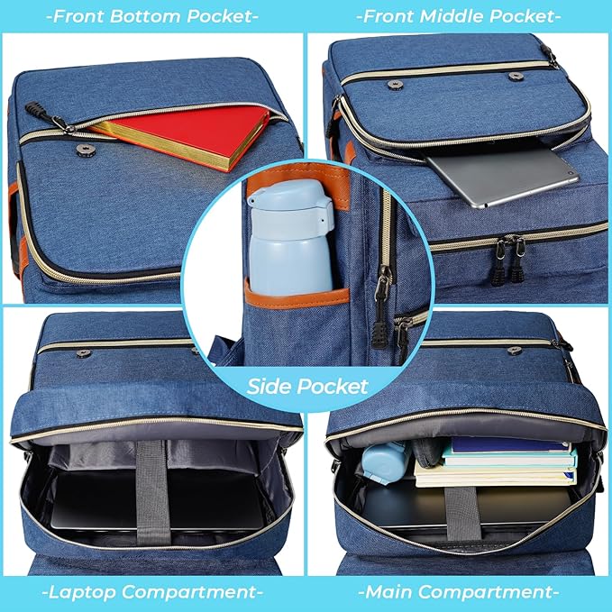 Ronyes Vintage Laptop Backpack for Women Men,15.6 inch Bookbag Casual Daypack with USB Charging Port for College Work, Blue Backpacks