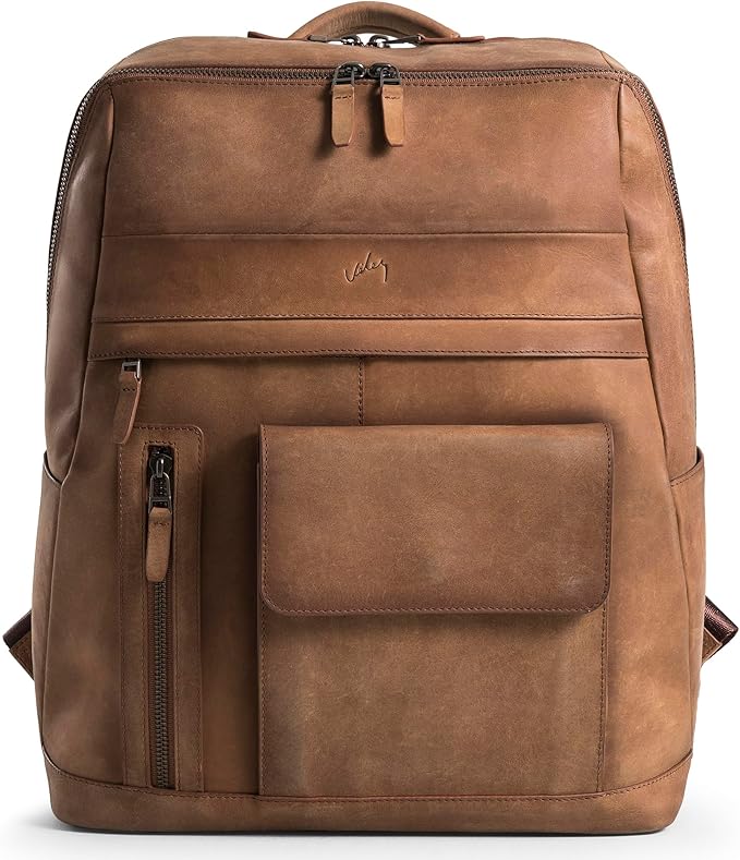 VELEZ Brown Leather Backpack for Men & Women - Large Capacity Laptop Travel Backpack with 17" Sleeve - Vintage Travel Bag with Adjustable Straps, Multiple Pockets & Trolley Sleeve