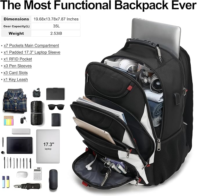 Boavan Laptop Backpack for men, 17.3 inch Laptop Bag with USB Port, Waterproof Travel Work Backpack Purse, Anti-Theft Teacher Nurse Doctor Casual Bookbags Office Business backpack，White