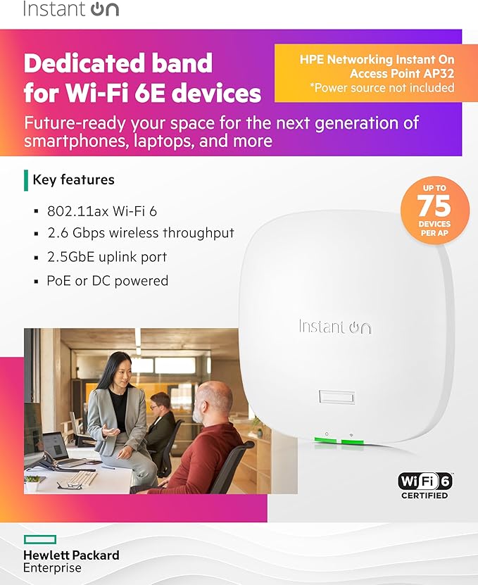 HPE Networking Instant On Access Point AP32 2x2 WiFi 6E Indoor Wireless Access Point | Secure, Tri-Band, Future Ready | Power Source Not Included | US Model (S1T22A)