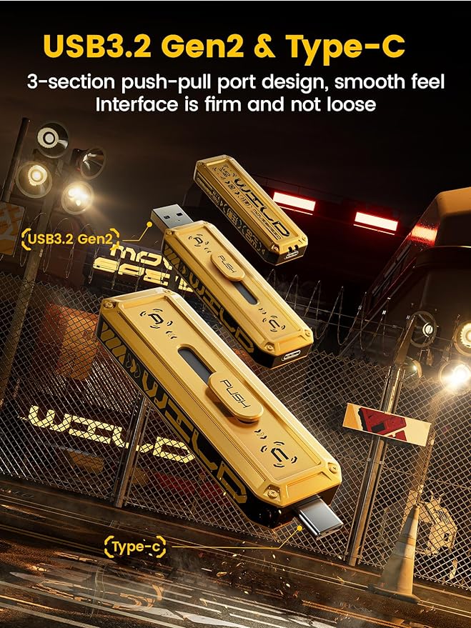 MOVE SPEED 128GB Flash Drive 1000MB/s Read Write Speed,USB 3.2 Gen2+USB C External SSD with Dual Ports, Portable SSD 3-Stage Push-Pull Design, Thumb Drive for iPhone 15/16 Series/Mac/Android Phone etc