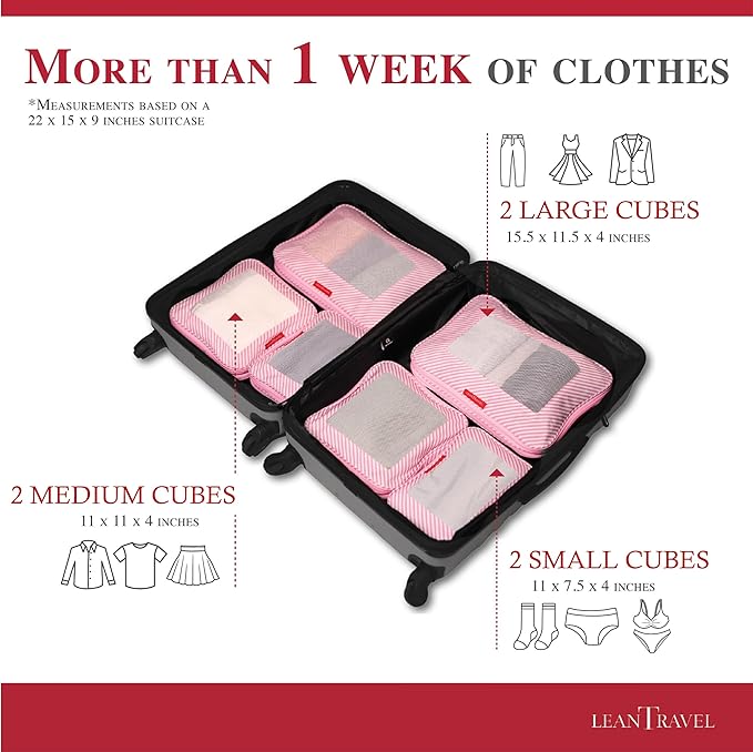 LeanTravel Compression Packing Cubes for Travel Organizers with Double Zipper (6-Pack (2L+2M+2S), Pink Stripes)