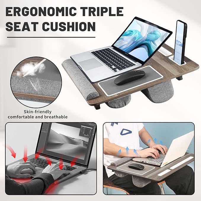Lap Desk Bed Desk,17In Foldable Laptop Bed Tray Table with Mouse Pad,Wrist Rest and Adjustable Dual Cushion, Portable Wood Laptop Stand for Bed Sofa,Multifunctional Slot for Tablet & Phone