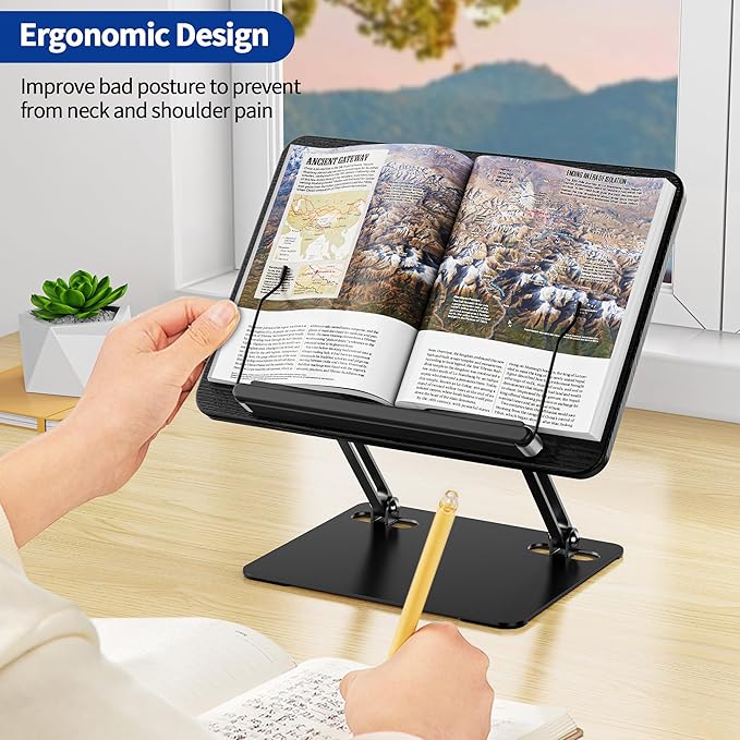 BESIGN BS01 Book Stand for Reading, Adjustable Book Holder, Ergonomic Laptop Stand with Elastic Page Clips for Music Scores, Recipe, Tablet, Laptop (Black)