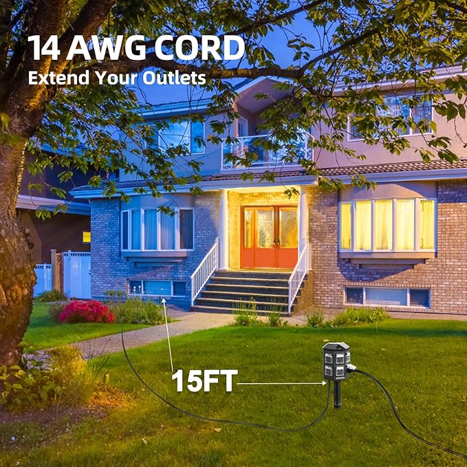 Outdoor Power Strip with 15 FT Extension Cord, 100FT Remote Control, Dusk to Dawn Light Timer Waterproof, 6 Grounded Outlets for Yard, Pool and Garden, ETL Listed