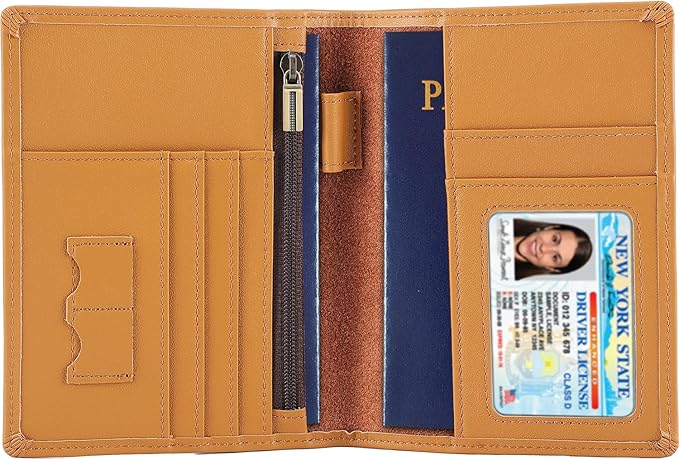STAR VISTA Phoenix Leather Passport Holder, Calfskin Travel Wallet - RFID Blocking, ID Window, Zipper Pocket, Pen & Notebook Included, Honey