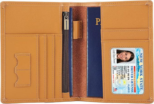 STAR VISTA Phoenix Leather Passport Holder, Calfskin Travel Wallet - RFID Blocking, ID Window, Zipper Pocket, Pen & Notebook Included, Honey