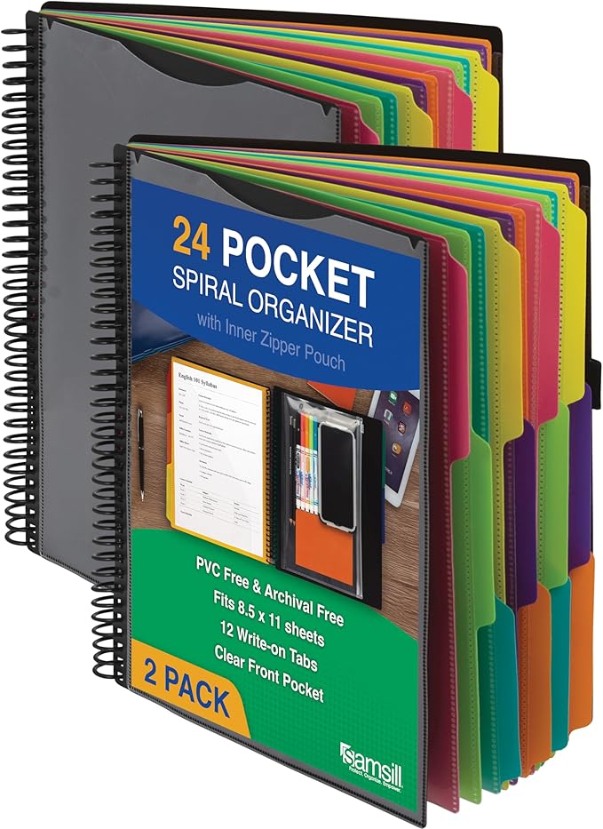 Samsill 2 Pack Deluxe 24 Pocket Spiral Project Organizer with Inner Zipper Pouch, Customizable Front Cover, 12 Dividers with Erasable Write-On Tabs in Assorted Colors, Plastic Folders with Pockets