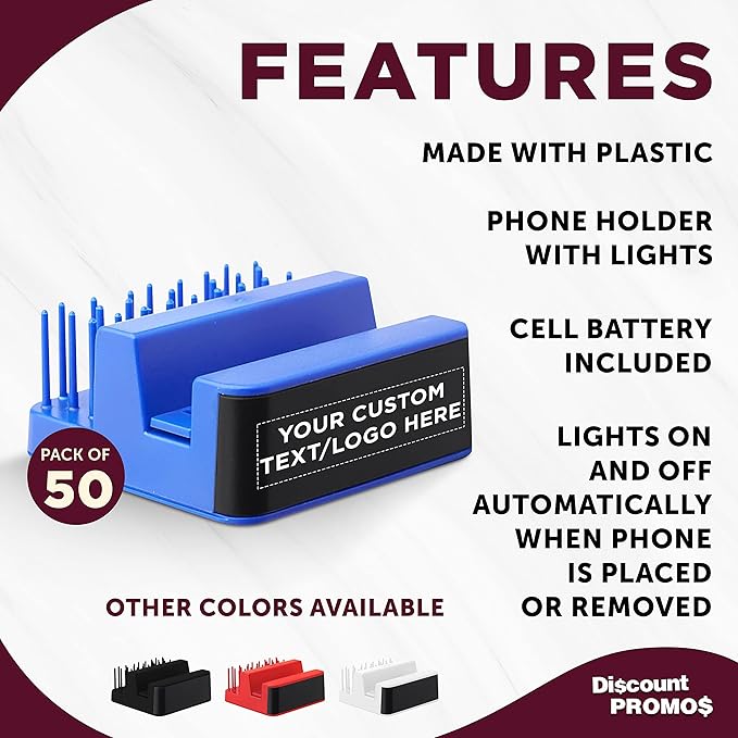 DISCOUNT PROMOS Custom Light Up Logo Phone Stands Set of 50, Personalized Bulk Pack - Essential Smartphone Accessory, Perfect for Office and Home - Blue