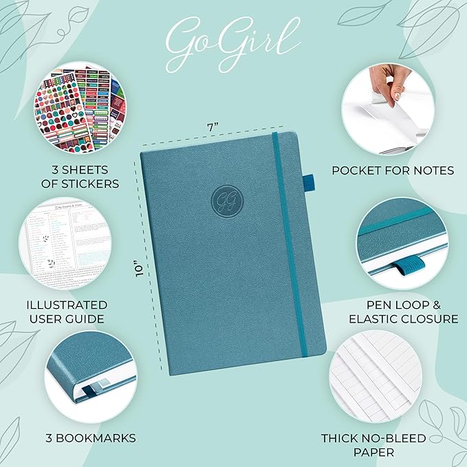 GoGirl Planner PRO Schedule - Undated Planner with Hourly Time Slots, Monthly, Weekly & Daily Organizer, Appointment Book for time Management, 7"x10" Hardcover, Lasts 1 Year - Aquamarine