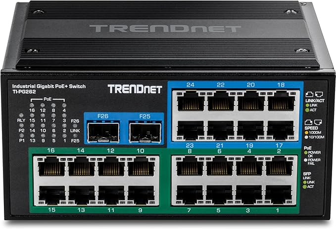 TRENDnet 26-Port Hardened Industrial Unmanaged Gigabit DIN-Rail Switch, TI-PG262, 16 x Gigabit PoE+ Ports, 8 x Gigabit RJ-45 Ports, 2 x SFP Ports, IP30, Lifetime Protection, Black