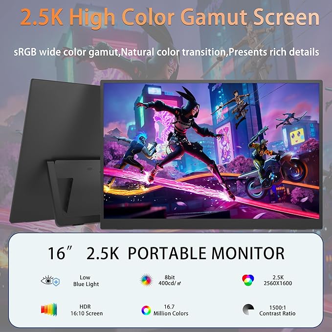 16inch 2.5K 144Hz Portable Gaming Monitor, 2560x1600 Ultra Slim HDR IPS Portable Monitor with Type-C HDMI, Built-in Stand Speakers External Second Screen for Laptop Mac PC Phone PS4/5 Xbox Switch