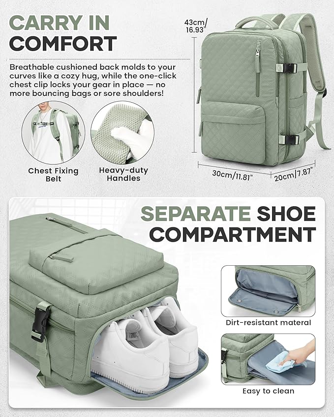 Vacuum Travel Backpack with Pump for Women,Personal Item Carry on Backpacks Flight Approved 18x14x8 inches for Men,Laptop Waterproof Work Compression bags Casual Daypack Green.