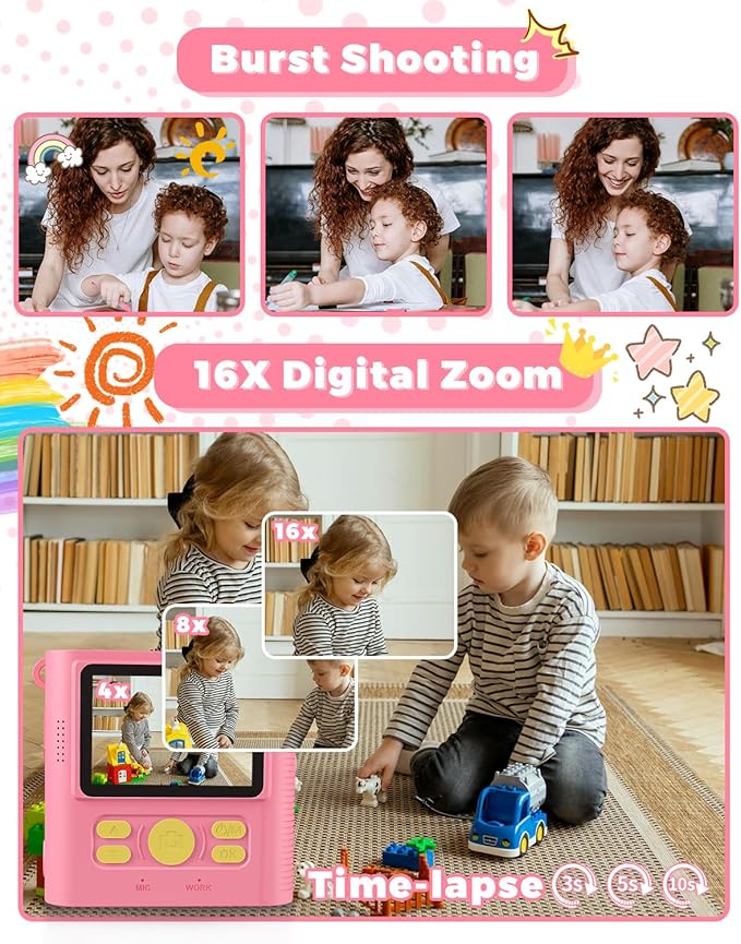 Kids Camera Instant Print, Christmas Birthday Gifts Girls Boys Aged 3-12, HD Digital Video Cameras Toddler, Instant Cameras for 3 4 5 6 7 8 9 10 Year Old Girls Boys with Print Paper