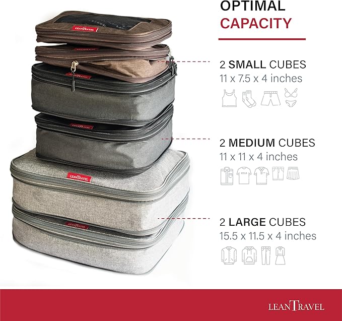 LeanTravel Compression Packing Cubes for Travel Organizers with Double Zipper (6-Pack (2L+2M+2S), Grey-Black-Brown)