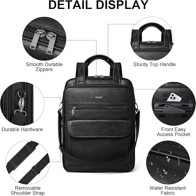 Shrrie Laptop Backpack for Women and Men, 15.6 Inch Vegan Leather Computer Backpack Professional Water-Resistant Casual Daypack for Work Business College Travel Office,Two-toned Black
