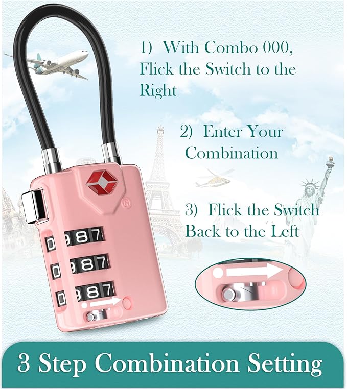 Search Alert TSA Approved Travel Combination Luggage Cable Locks for Suitcase, Gym Locker,Toolbox,Backpack 1,2,4,6 &10 pk (Pink 4 Pack)