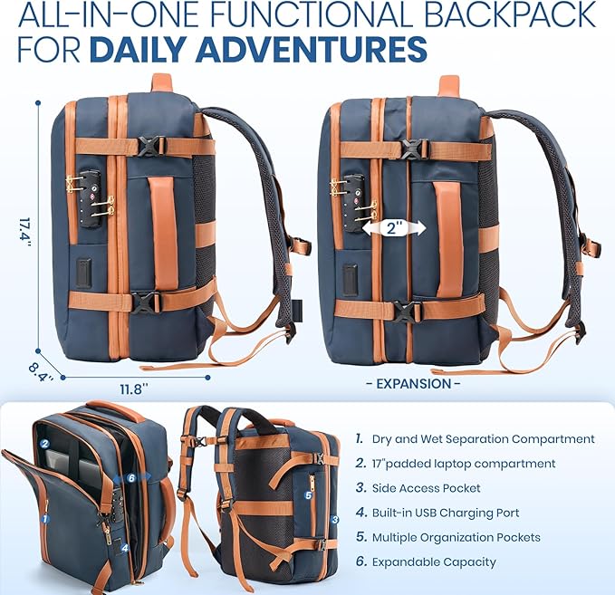 Fanwoli Vacuum Travel Backpack, Carry On Luggage with TSA Lock & Anti Theft Zipper, 60L Expandable Airback with Compression Pump, Waterproof Laptop Bag Ideal for Flight & Business,Blue