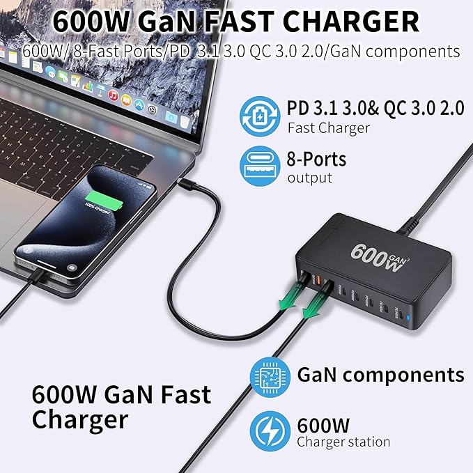 600W Desktop Charger,8-Port USB C Charging Station Fast Charging Block, GAN3 Multi Device Charging Block Laptop Charger Adapter,Charging Hub for iPhone, iPad, MacBook, Samsung and Home Office Use