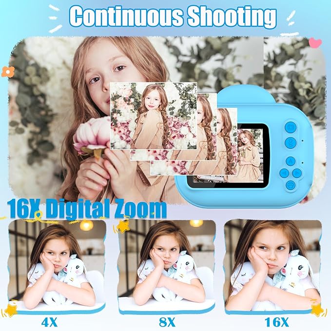 Kids Camera Instant Print Camera for Kids, Toddler Cameras Christmas Birthday Gifts for Girls Boy, 1080P HD Digital Video Cameras, Portable Toy for 4 5 6 7 8 9 10 Year Girl with SD Card (Blue)