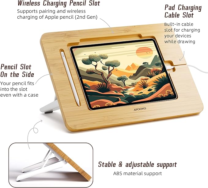 Bamboo Tablet Drawing Stand - Portable & Adjustable 5 Angles,Laptop Stands Riser, Book Reading Stand,Compatible with 9.7/10.2/10.5/10.9/11 inches