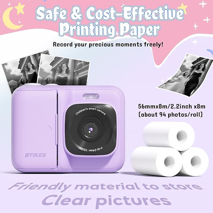 Kids Camera, 1080P Instant Digital Print Camera for Kids, Christmas Birthday Gifts for 4 5 6 7 8 9 10 Year Old Girls Boys, Portable Toy with 32GB SD Card & 3 Rolls Printing Paper, Purple