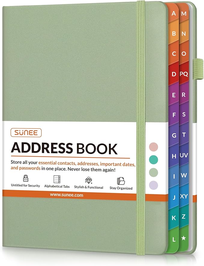 SUNEE Address Book with Colorful Alphabetical Tabs, Address Notebook Organizer for Record Contacts, 5.3'' x 7.7''- Sage Green