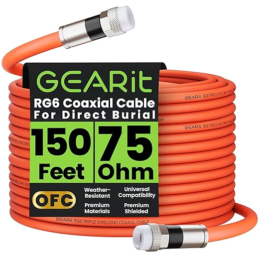 GEARit Coaxial Cable for Direct Burial (150ft) RG6 70 Ohm RF Rubber Boot Waterproof Underground in-Wall with Rubber Boot, High-Speed Internet, Broadband, Digital TV Aerial, Satellite Cable 150 Feet