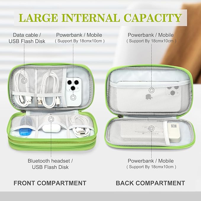 FYY Electronic Organizer, Travel Cable Organizer Bag Pouch Electronic Accessories Carry Case Portable Waterproof Double Layers Storage Bag for Cable, Cord, Charger, Phone, Earphone, Large Size, Green