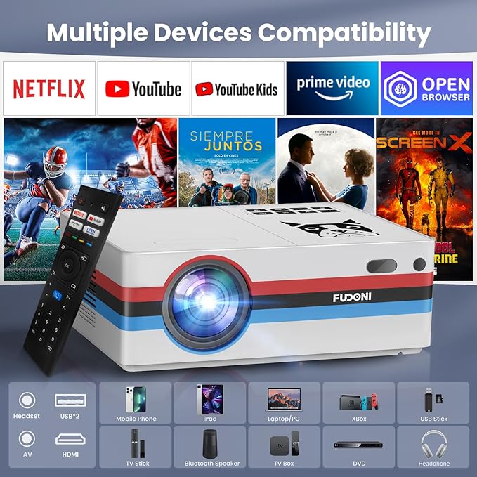 [Netflix App/Dolby Audio] FUDONI Smart Projector with WiFi and Bluetooth, Native 1080P 25000L 4K Decoding for Home Cinema, Outdoor Movie Projector with Apps, Built-in Netflix/YouTube/Prime Video