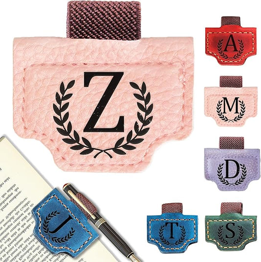 Personalized Bygone Mark Bookmark with Pen Holder, Leather Magnetic Bookmark 26 Letters Name Initial Bookmarks for Readers, Book Lover Gifts for Women Men Notebook Accessories (Pink, Z)