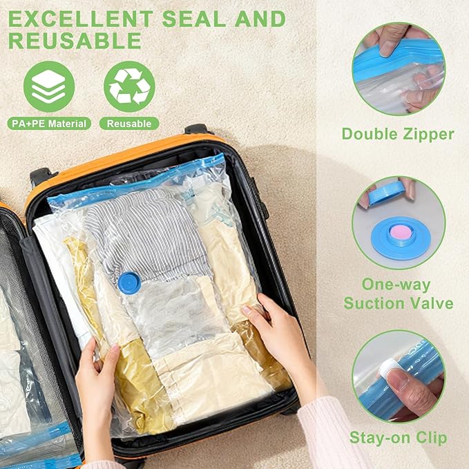 Mapambo Travel Game Changer- 12-Pack Travel Vacuum Bags with Smart-Stop Technology Pump, ≤60dB Silent Travel Essential, Travel Vacuum Bags for Luggage, Cruise Essentials