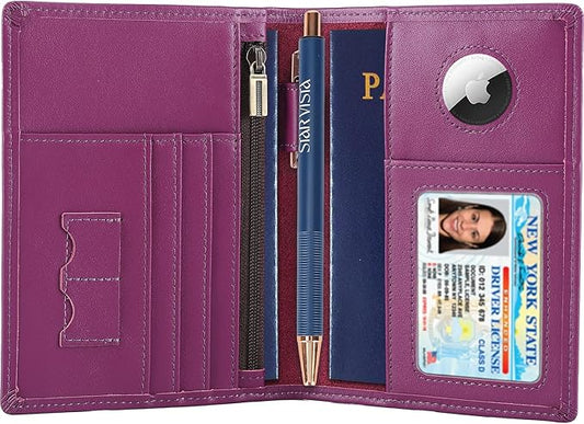 STAR VISTA Phoenix Leather Passport Holder, Calfskin Leather Travel Wallet - RFID Blocking, ID Window, Zipper Pocket, Pen & Notebook Included, AirTag Holder, Violet