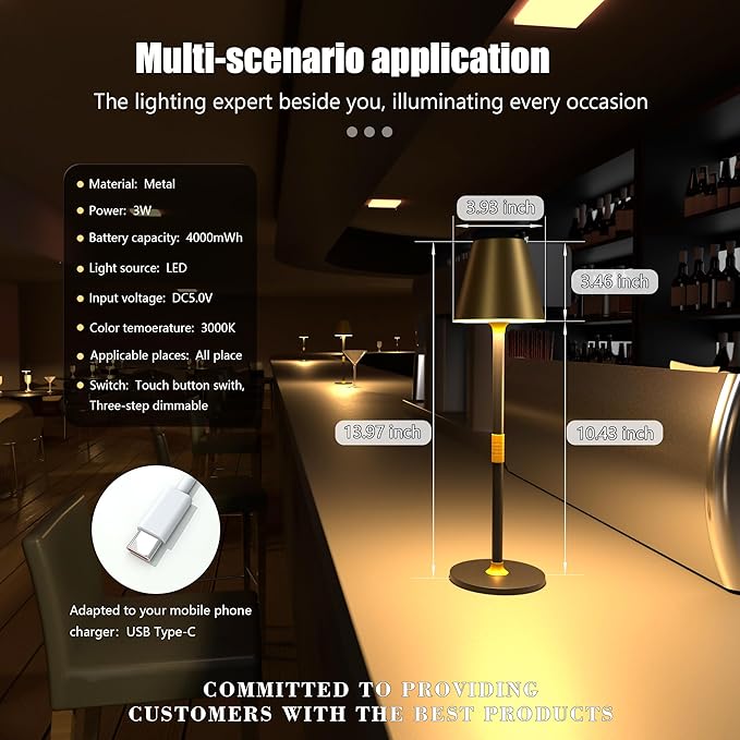 Modern LED CordlessTable Lamp,4000mAh Rechargeable Battery Desk lamp,3 Level Brightness Kitchen Light, Portable,Minimalist Design, for Couple Dinner/Coffee Table/Restaurant/Bedroom(Gold&Black 2pack)