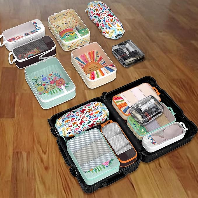 Compression Packing Cubes for Travel, 7 Set Natural Life Expandable Mesh Luggage Organizers, Waterproof Expandable/Compression Bags Bohemia Travel Packing Cubes with Clear Toiletry Bag