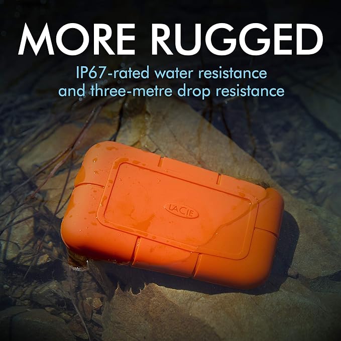 LaCie Rugged SSD 4TB Solid State Drive — USB-C USB 3.2 NVMe speeds up to 1050MB/s, IP67 Water Resistant, 3m Drop Resistant, Encryption, 5-Year Warranty with Data Recovery, 1 Mo Adobe CC (STHR4000800)
