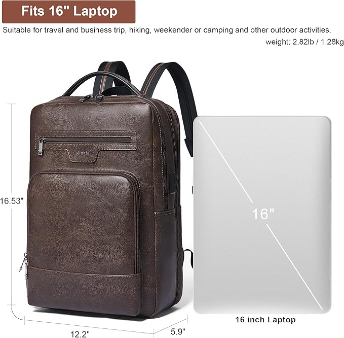 Shrrie Leather Laptop Backpack for Women and Men,28 L Travel Backpack Computer Bag Fits 16 inch Laptop,Expandable Casual Daypack with USB Charging Port for Work Business Weekender College,Coffee