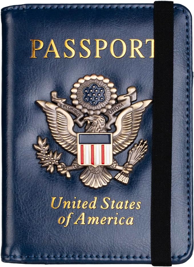 TOURSUIT RFID Blocking Passport Holder for Women Men, Leather Passport Travel Wallet with Metal 3D Metal Badge, Travel Document Holder Cover Accessories (Dark Blue)