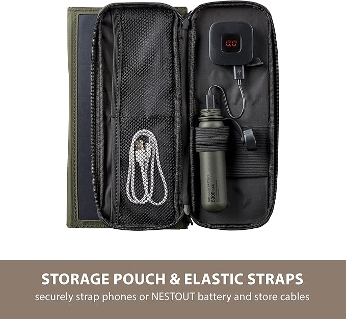 ELECOM NESTOUT Portable Solar Panel, Dual USB-A Ports, 28W Power Generation Charger for Phone Camping, Durable Water-Resistant Ripstop Nylon, Foldable Lightweight, Adjustable Stands (2-Panel)