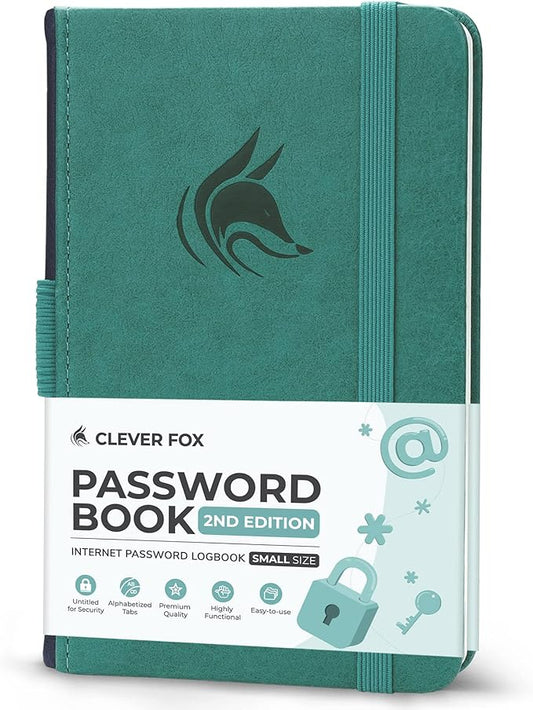 Clever Fox Password Book 2nd Edition Small – Pocket Password Keeper with Alphabetical Tabs – Internet Address Notebook & Login Details Organizer Journal – 3.5x5.6” (Aquamarine)