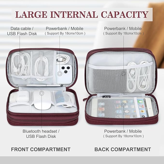 FYY Electronic Organizer, Large Travel Cable Organizer Bag Pouch Electronic Accessories Carry Case Portable Waterproof Double Layers All-in-One Storage Bag for Cable, Cord, Charger, Phone, Wine Red