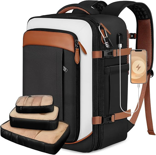 Vancropak Flight Approved 40L Expandable Carry On Travel Backpack, Lightweight Weekend & Short Trip Travel Bag with 3 Packing Cubes, Water-Resistant Anti-Theft Luggage for Men Women, Black White Brown